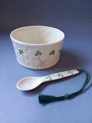 £12.50 • Buy Belleek Porcelain Shamrock Basket Weave Condiment/Sauce Serving Bowl And Spoon