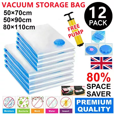 12pcs Strong Vacuum Storage Space Saving Vac Bags Space Saver Vacuum Vacum Bag • £8.39
