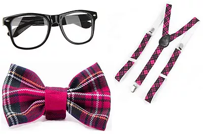 Ladies Girl Pink Tartan Nerd Geek Squad School Girl Bow Tie Fancy Dress Costume • £6.99