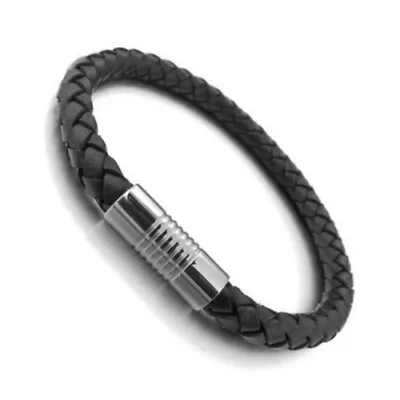 Mens Genuine Leather Black Braided Bracelet With Stainless Steel Magnetic Clasp • £5.50