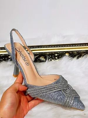 New Womens Ladies Diamante Mid Heel Strap Pointed Toe Party Wedding Sandal Shoes • £14.24