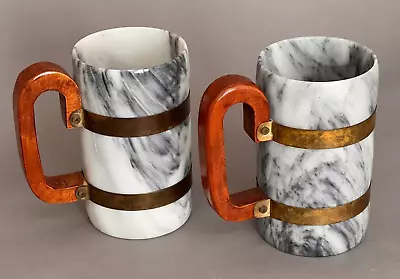 Rare Vintage Natural Stone Marble Stein Beer Mugs With Wooden & Brass Handles • $29.99