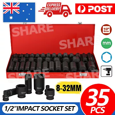 $68.95 • Buy 35pcs 1/2  Drive Deep Impact Socket Tool Set Metric Garage Workshop Tools 8-32MM
