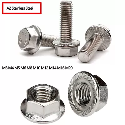 Flanged Hexagon Head Bolts Flange Hex Screws / Nuts A2 Stainless Steel Serrated • $7.29