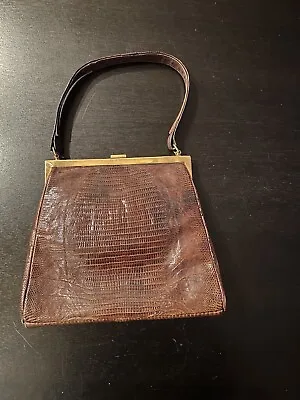 Vintage 50s Purse Handbag Brown Lizard Skin & Brass By Bellestone 8.5x7x2.5 • $22.50