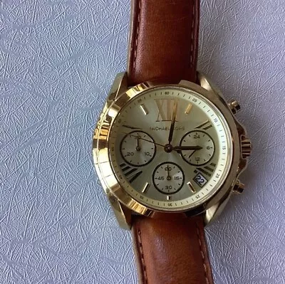 Michael Kors Watch Mk-5702  Golden Tone And Brown Leather Strap 10ATM Chrono • $94