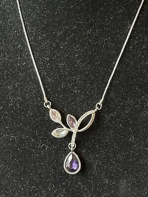 Silver Tone Purple Diamanté Floral Pendant Chain Necklace LBVYR Yves Rocher 747 • £2.49