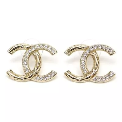 CHANEL Earrings CC Rhinestone Glitter COCO Stud Gold GP B20V Authentic • $919.06