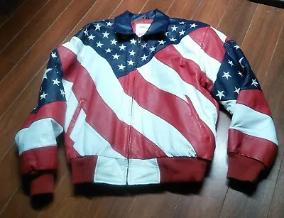 Vintage 90s Michael Hoban Leather Bomber Jacket WHEREMI American Flag Stars S • $149.99