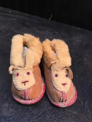 Vintage Baby Shoe Moccasin Slip On Leather Shoes With Bunny Rabbit Face  6.5in • $22.49