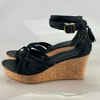 UGG Womens Lillie Platform Sandals Wedge Heel Black Suede Zip Cork Strap Size 9 • $37