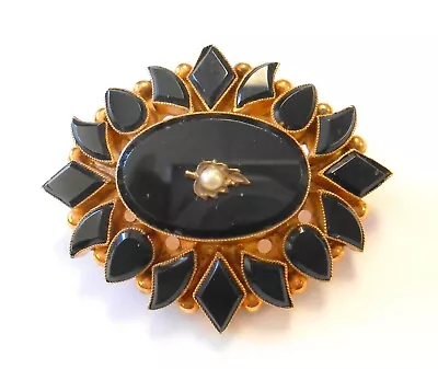 Victorian 14K Yellow Gold Mourning Brooch Pendant Seed Pearl Black Onyx 36mm • $499