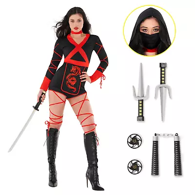 Women`s Red Dragon Ninja Costume Ladies Warrior Halloween Fancy Dress Jumpsuit • £30.99