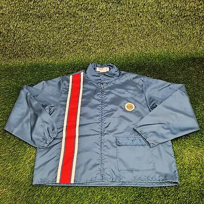 Vintage 80s American-Legion Harrington Jacket XL Blue White Red Vertical Striped • $34.25