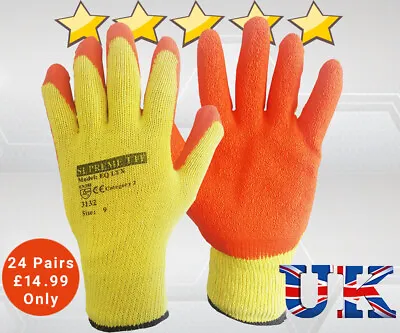 24 Pairs Latex Coated Orange Rubber Safety Work Gloves Mens Builders Gardening • £2.49