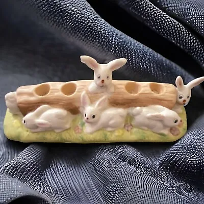 Porcelain Easter Bunnies On Log Mini Candle Holder ~7  VTG 1986 MSR Imports • $37.80