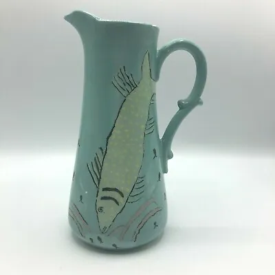 Handmade Pottery Pitcher Hand Painted Fish Décor Scene • $10