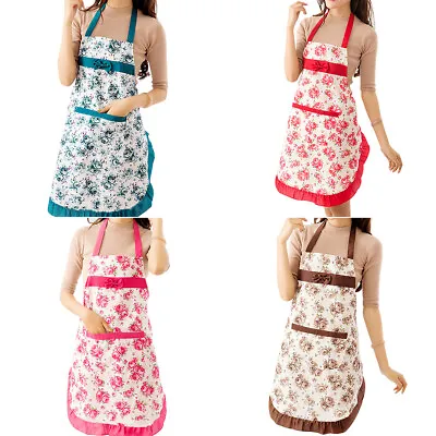 $9.05 • Buy Floral Bowknot Kitchen Apron With Pocket For Women Chef Cooking BBQ Waterproof