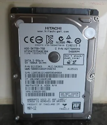 Hitachi 5K750-750 HTS547575A9E384 750GB 2.5 Sata Laptop Harddrive Working • £8