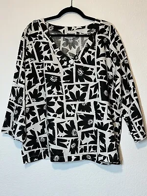 Hot Cotton By Marc Ware Linen Black & White Floral Top Shirt Sleeve Size XL Boxy • $26