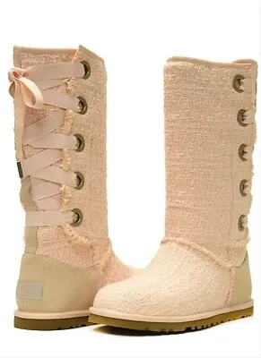 New Ugg Australian *htf* Heirloom Apricot Canvas Lace Up Pink Boots Women’s Sz 5 • $198.95