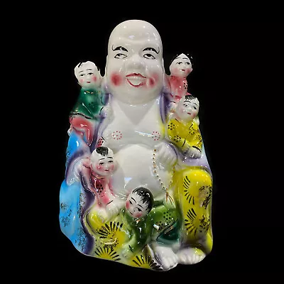 Vintage Porcelain Laughing Buddha With 5 Children Statue Figure • £118.77