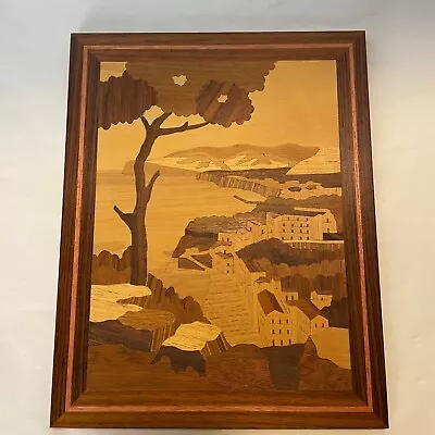 Marquetry Wall Art Inlaid Wood Scene City By The Sea Italy VTG • $35