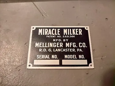NOS Vintage Mellinger Manufacturing Metal Machine Tag Plate Antique Milker Lanc. • $7.49