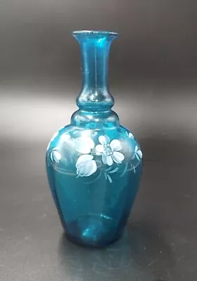 Blue Hand Painted Blown Glass Vase Mary Gregory Style • $20