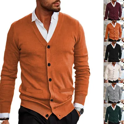 Mens Solid V Neck Cardigan Knitted Jumper Long Sleeve Button Up Warm Sweater Top • £15.19