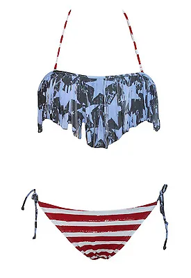 £13.99 • Buy Sexy Women's Blue & Black Ruffle Stars With Red & White Stripes Bikini Summer