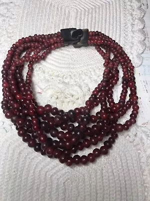 VTG Natural & Red Resin Round Carved Bead 17.5” Multi Strand Necklace • $39.99