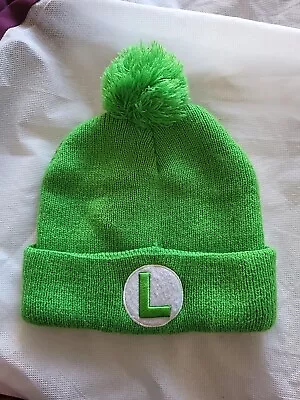 Nintendp Super Mario Bros Luigi Beanie Pom Green Knit Cuff Winter Hat One Size • $15
