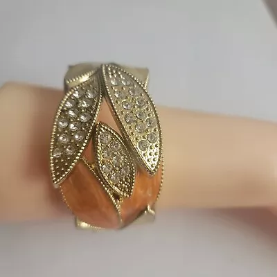 Vintage Orange Beige Enamel White Rhinestone Spring Cuff Bracelet - Gorgeous! • $6.99