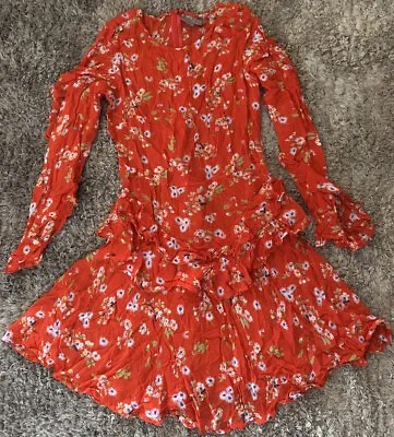 $9.99 • Buy 076 New Asos Dress Red Floral Frilly Long Sleeve Mini Back Zip Womens Size 12