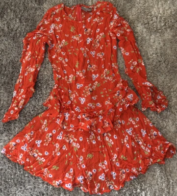 $9.99 • Buy 076 New Asos Dress Red Floral Frilly Long Sleeve Mini Back Zip Womens Size 12