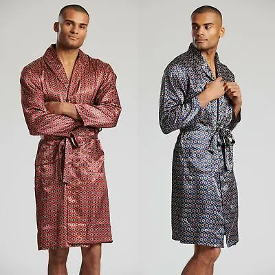 Mens Satin Kimono Long Sleeve Geo Print Wrap Tie Waist Dressing Gown Robe • £19.99