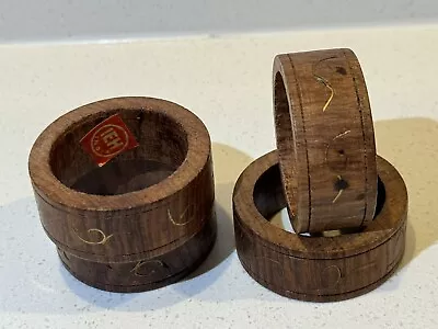 RARE Mid-Century Modern Set Of 4 Wood Napkin Rings W/ Brass Inlay Made In India • $24.95