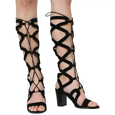 New Womens Ladies Tall Long Lace Up High Heel Gladiator Sandals Shoes • £13.59