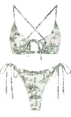 $22 • Buy Zaful Womens Bikini Swimsuit Green And White Classic Vintage Pattern NWT Small