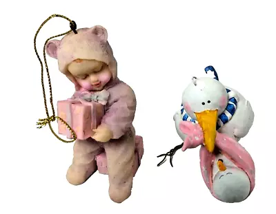 Pink Baby Girl Packages Stork W/Baby Girl Stork Christmas Ornament Lot Of 2 • $12.72