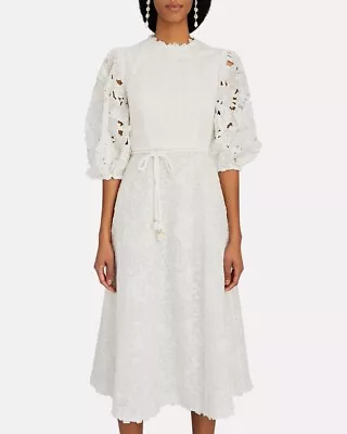 100% Authentic ZIMMERMANN Lola White Ivory Embroidered Crochet Lace Midi Dress 1 • $500