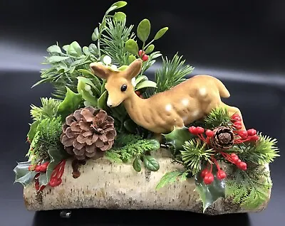 Vtg Retro Kitschy Flocked Deer Birch Log Table Top Mantle Christmas Decoration • $28.95