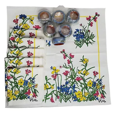 6 Vtg Vera Wildflower Cloth Napkins Blue Yellow Pink Hand Painted Napkin Rings • $42.46