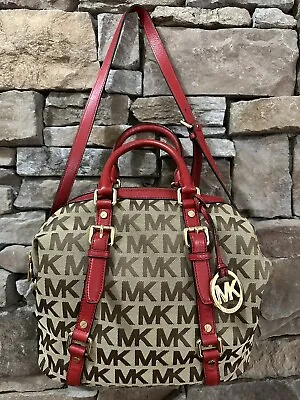 Michael Kors Bedford Belted Signature Brown Red Canvas Shoulder Bag Handbag • $109