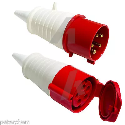 32 Amp 5 Pin Plug & Coupler Socket Waterproof IP44 3 Phase 415V 3P+N+E 32A Red • £17.95