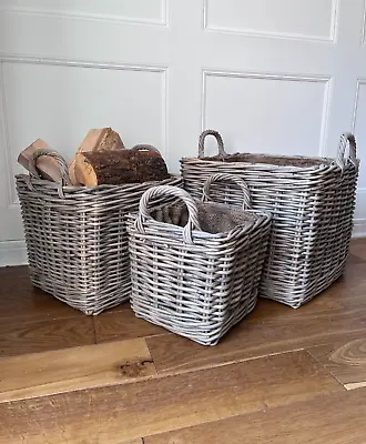 Square Rattan Log / Storage / Kindling Baskets High Quality Removable Liner • £29.95