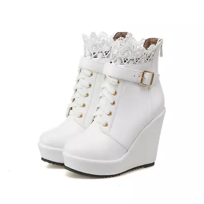 Goth Women Platform Buckle Strap Lace Up Wedge High Heel Ankle Boots Lace Shoes • $61.79