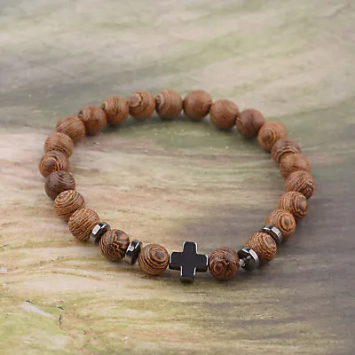 New Hematite Cross Wooden Bracelets Stretchy Bracelet Beads Wooden For Men Women • $0.72