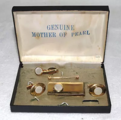 Genuine Mother Of Pearl Cufflinks Set Tie Bar Money Clip Vintage • $15